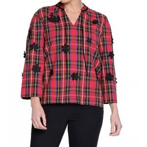NEW TRU LUXE applique tie neck top in red plaid